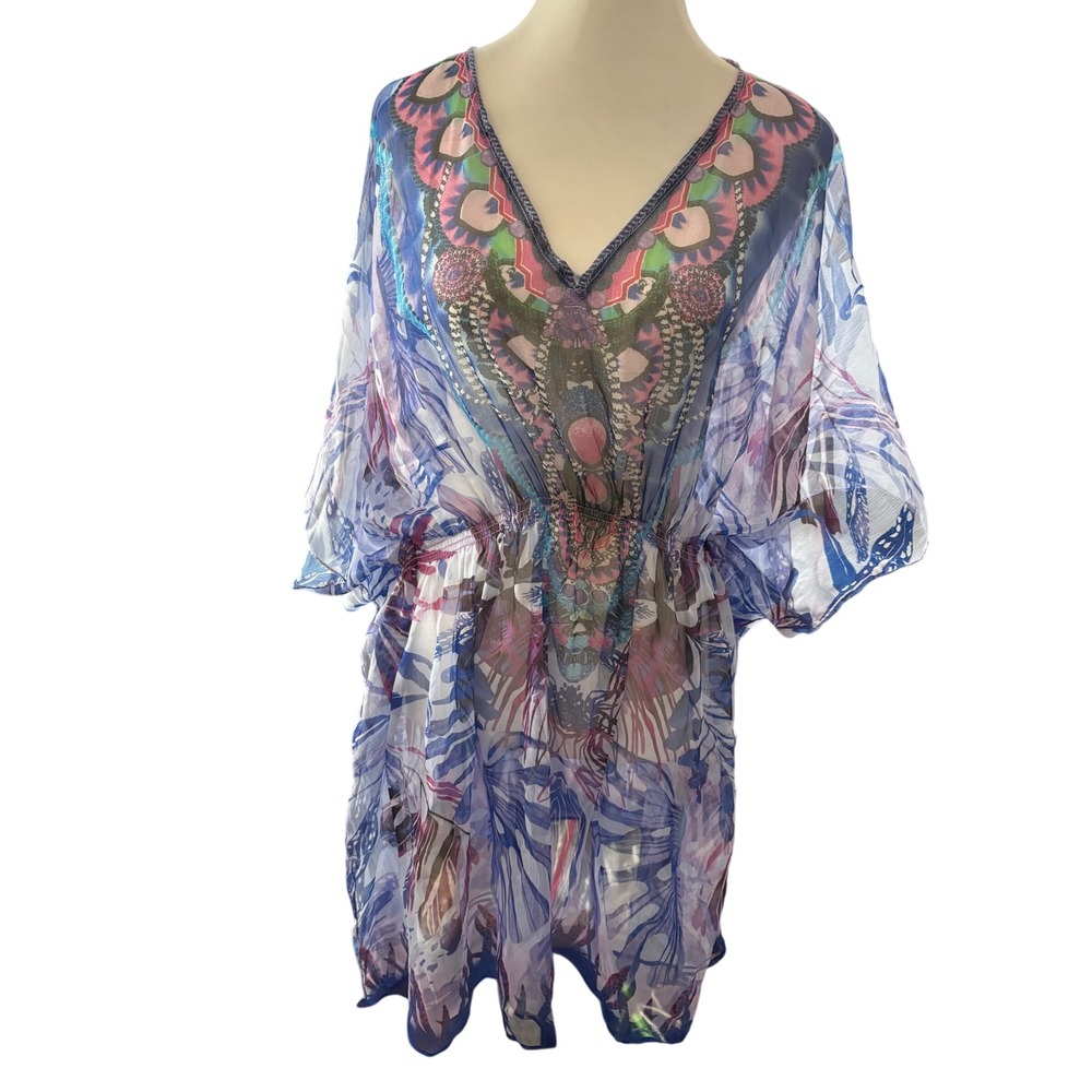 Blue Bohemian Chiffon Kaftan Tunic V-Neck Kimono Sleeve Resort Cover Up
